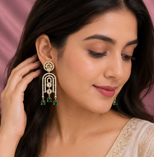 Emerald Cascade Kundan Earrings